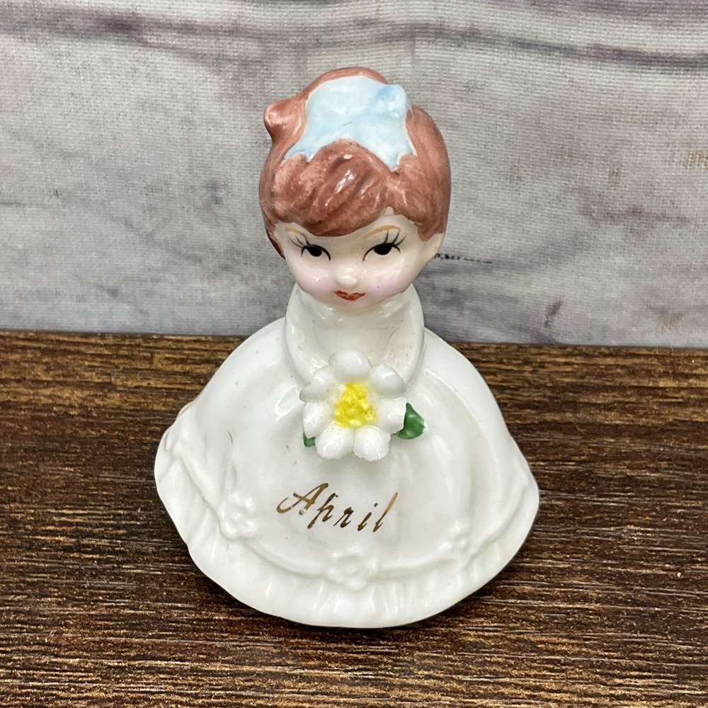 Lefton Birthday Girl of Month April White Flower Blue Bow Bone China Miniature